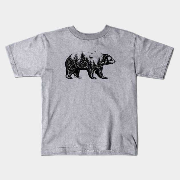 Bear Wilderness Double Exposure Kids T-Shirt by ZombieTeesEtc